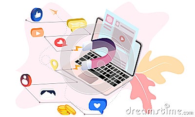 Flat illustration of social media marketing. Communication in social networks. Image of laptop with chat, likes, money. 3d isometr Cartoon Illustration