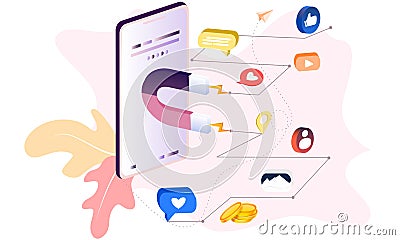 Flat illustration of social media marketing. Communication in social networks. Image of mobile with chat, likes, money. 3d isometr Vector Illustration