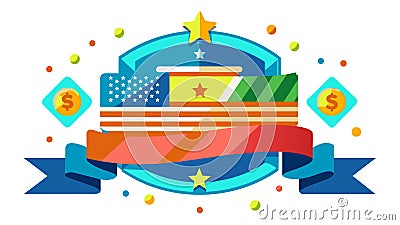 Flat illustration symbolizing business in the USA. The image shows flags, a dollar symbol and a ribbon for text Cartoon Illustration