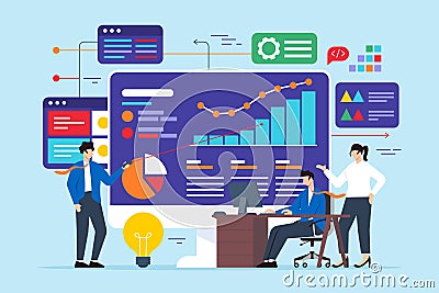 Flat illustration of team of analysts working together to solve technical problem on computer screen Cartoon Illustration
