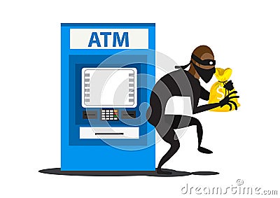 Flat illustration thief steals money from ATM, in black suit, robber in mask. Cartoon Illustration