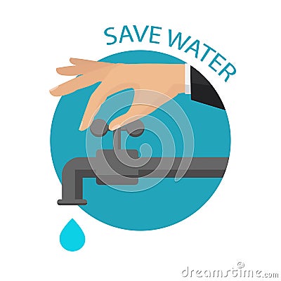 Turn off the water with man`s hand isolated on background. Cartoon Illustration