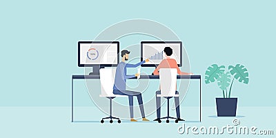 Flat illustration two business people analytics and monitoring finance investment on monitor report Vector Illustration