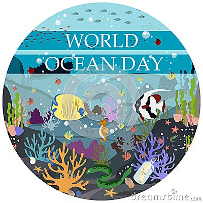 Flat illustration of the underwater world. Postcard-poster for the world ocean day on June 8. Protection of nature Cartoon Illustration