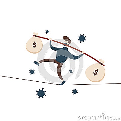 Flat illustration vector graphic cartoon character of businessman bring money walking on the rope. Vector Illustration