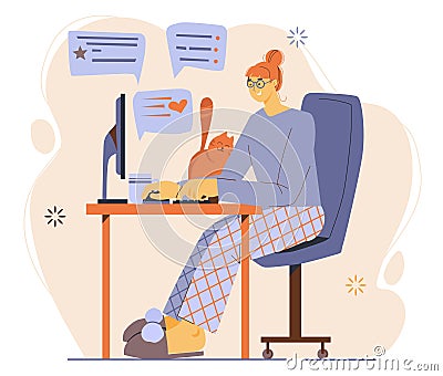 Flat illustration about work at home and freelance. The girl works at home. Pets. Working at a computer online, chatting with frie Cartoon Illustration