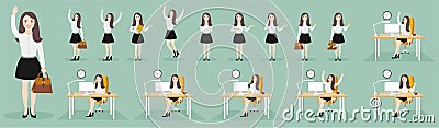 Flat illustrations of business woman character in various poses. Vector Illustration