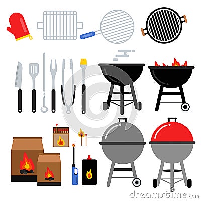 Flat illustrations set for bbq party. Different barbecue tools. Meat, grilling, knifes Vector Illustration
