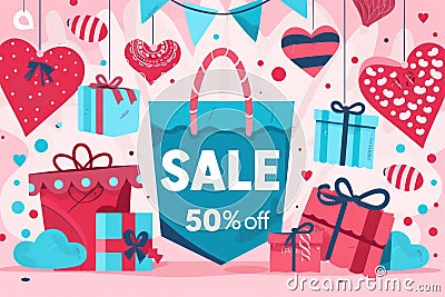 Flat illustrator, Sale 50 Off For Love Sale Banner Valentine Festival. Generative AI Stock Photo