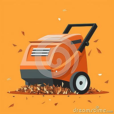 Flat image of a garden shredder on an orange background. Simple vector image of a garden shredder. Digital illustration. Cartoon Illustration