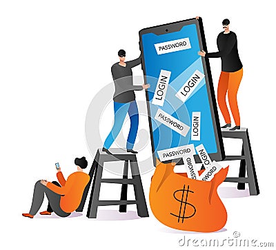 Flat information hacking in smartphone, hacker broke data security protection technology vector illustration. Internet Cartoon Illustration