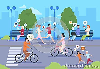 Flat internet urban street. City wifi people walking in park town landscape girl and boy lifestyle. Vector mobile Vector Illustration