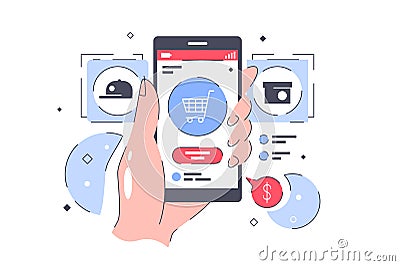 Flat isolated hand with online buying from cell phone. Cartoon Illustration
