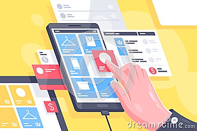 Flat isolated hand with online mobile interface do shopping. Vector Illustration