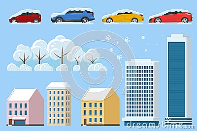 Flat isolated winter icons snowy car, snowdrift, house, office, snowy tree. Cars covered in snow on a road during Vector Illustration