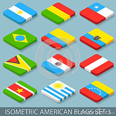 Flat Isometric American Flags Set 3 Vector Illustration