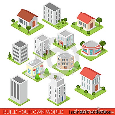 Flat isometric building block restaurant shop infographic Stock Photo