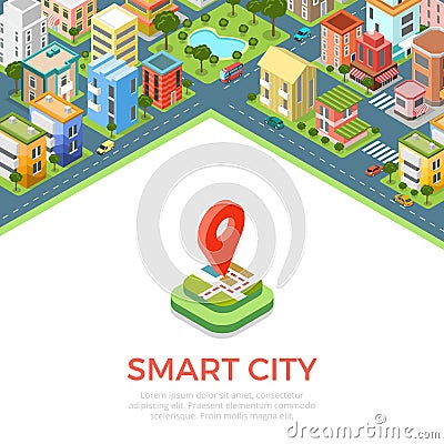 Flat isometric buildings phone Smart city app vect Vector Illustration