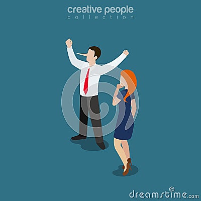 Flat isometric business woman liar man Vector Illustration