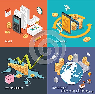 Flat isometric concept: finance, stock market, investing, taxes, m-banking Vector Illustration