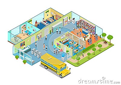 Flat isometric 3d education school college interio Cartoon Illustration