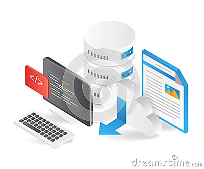 Flat isometric 3d illustration programmer web hosting database Cartoon Illustration