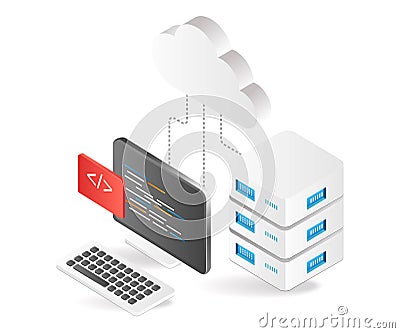 Flat isometric 3d illustration programming language for server Cartoon Illustration