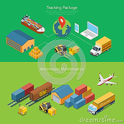 Flat isometric 3d Tracking Package Warehouse Maint Vector Illustration