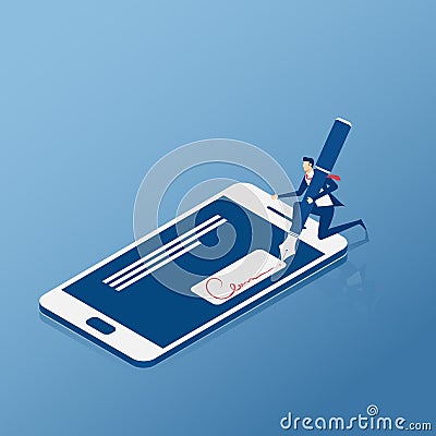 Flat Isometric. Digital signature. Businessman sign on smartphone. Vector Illustration