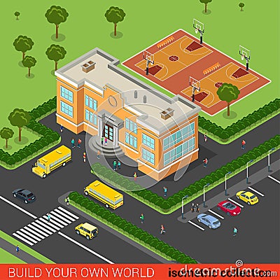 Flat isometric Education school building bus Vector Illustration