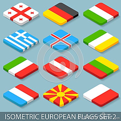 Flat Isometric European Flags Set 2 Vector Illustration