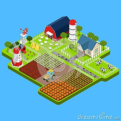 Flat isometric farm product, building infographic Vector Illustration