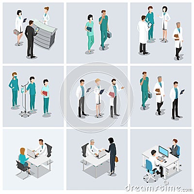 Flat isometric Healthcare vector set. Doctor nurse Cartoon Illustration