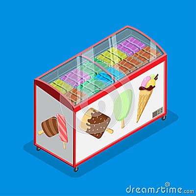 Flat isometric ice cream gelato fridge vector illu Vector Illustration