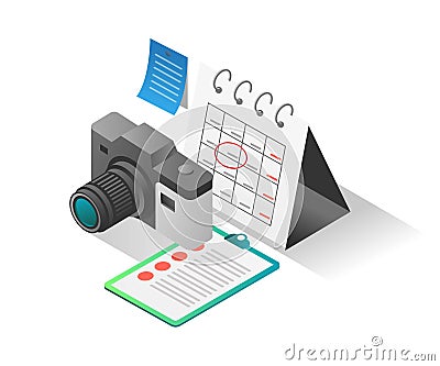 Flat isometric illustration concept. creative photography plan for content Cartoon Illustration