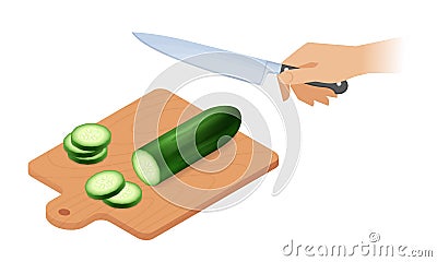 Flat isometric illustration of cutting board, green cucumber, kitchen knife. Vector Illustration