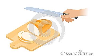 Flat isometric illustration of cutting board, loaf of bread, knife. Vector Illustration