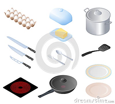 Flat isometric illustration of kitchen utensils, kitchenware, co Vector Illustration