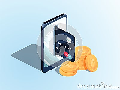 Flat isometric illustration of pile of bitcoins, the phone with a credit card in the slot. The transfer Vector Illustration