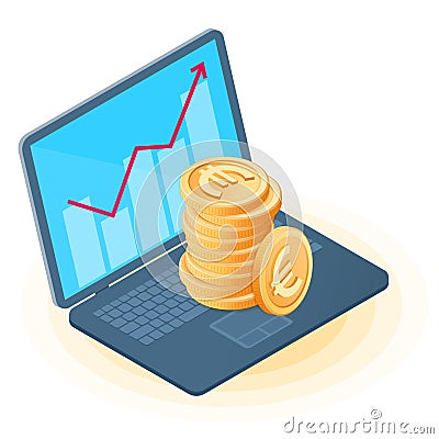 Flat isometric illustration of pile of euro coins on the laptop. Vector Illustration