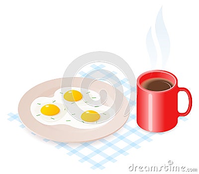 Flat isometric illustration of plate with scrambled eggs and coffee. Vector Illustration