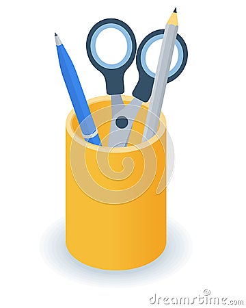 Flat isometric illustration of supplies desktop organizer. Pens, pencils holder. Vector Illustration