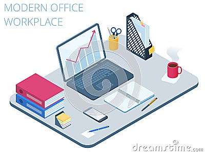 Flat isometric illustration of workplace. Vector work desk 3d co Vector Illustration