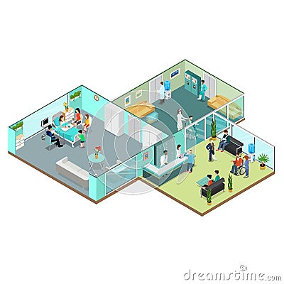 Flat isometric Medical centre interior . 3d Cartoon Illustration