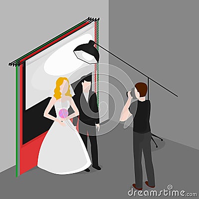 Flat isometric newlyweds photographing . Bride and groom in photo studio. Occupation of wedding photographer. Stock Photo