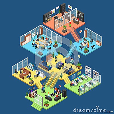 Flat isometric office interior department staff ve Cartoon Illustration