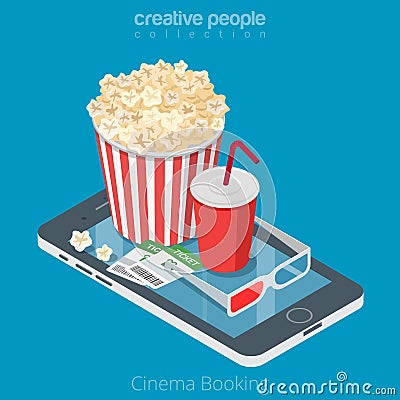 Flat isometric online booking Cinema ticket Vector Illustration