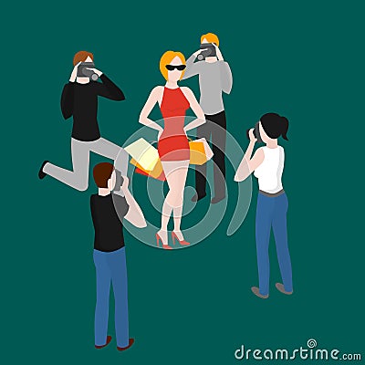 Flat isometric paparazzi taking pictures of popular superstar. Celebrity photographer shooting idol woman. Stock Photo