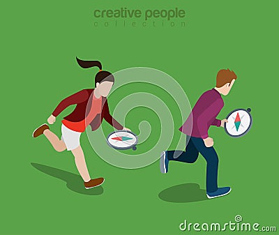 Flat isometric people run compass direction vector Vector Illustration