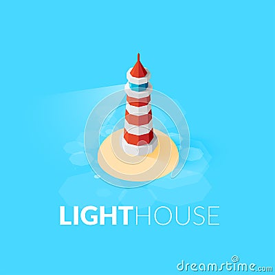 Flat isometric red lighthouse icon on blue sea Vector Illustration
